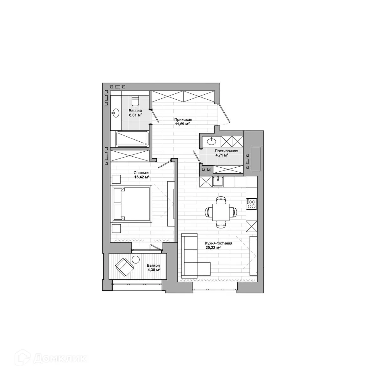 Планировка 2-комнатной квартиры 68.72 м² в ЖК БЕСТУЖЕВСКИЙ БУЛЬВАР Резиденции, г. Новосибирск — фото 2