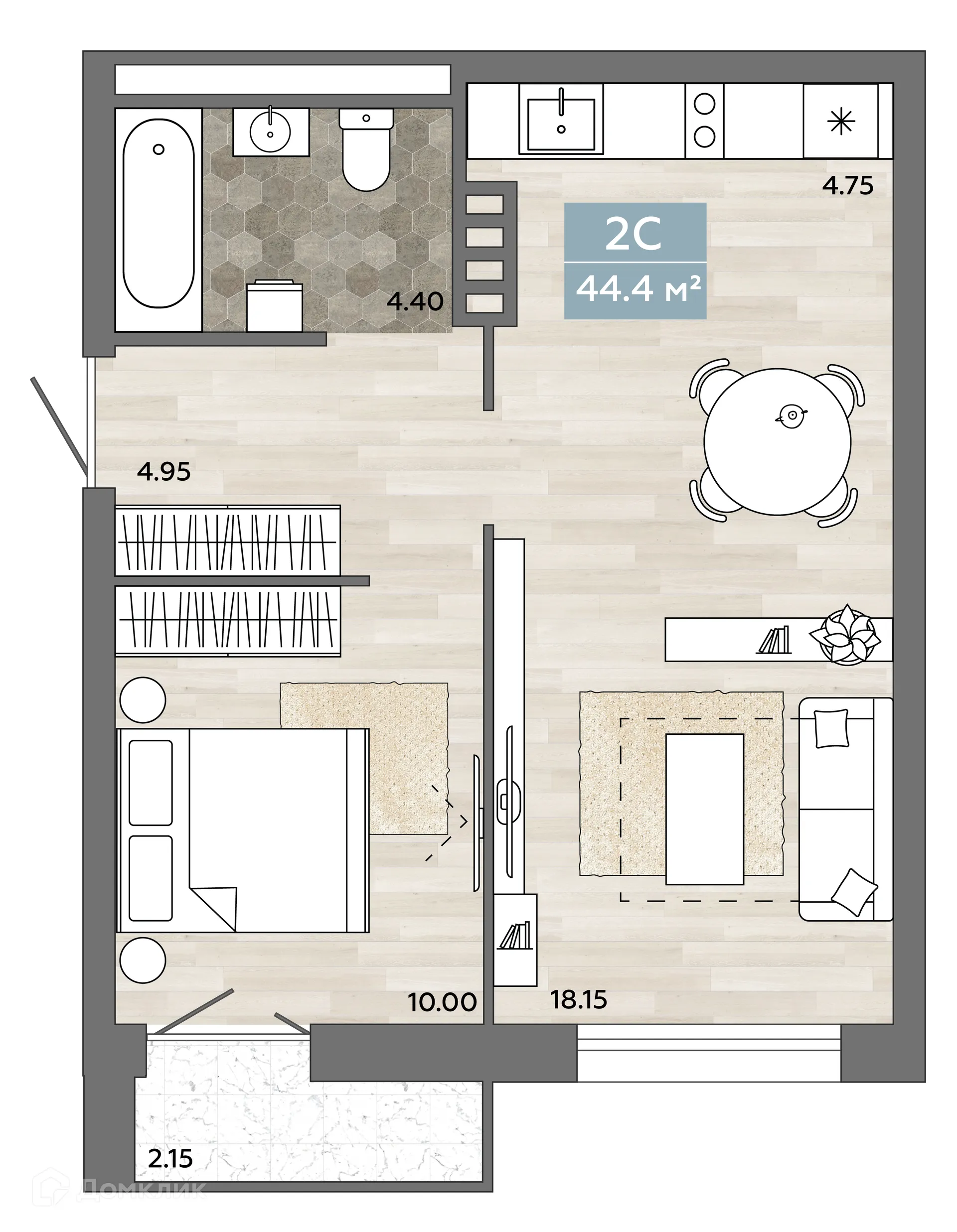 Планировка 2-комнатной квартиры 44.05 м² в ЖК На Королева, г. Новосибирск — фото 1