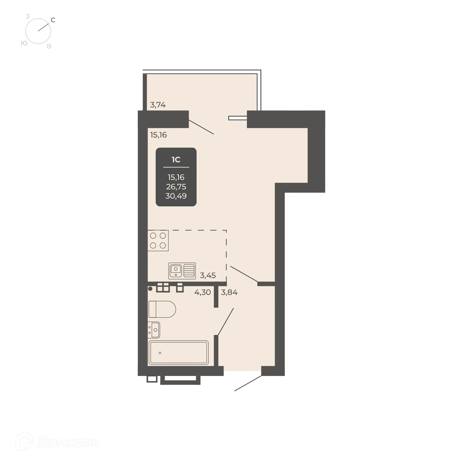 Планировка 1-комнатной квартиры 30.49 м² в NOVA-апарт, г. Новосибирск — фото 1