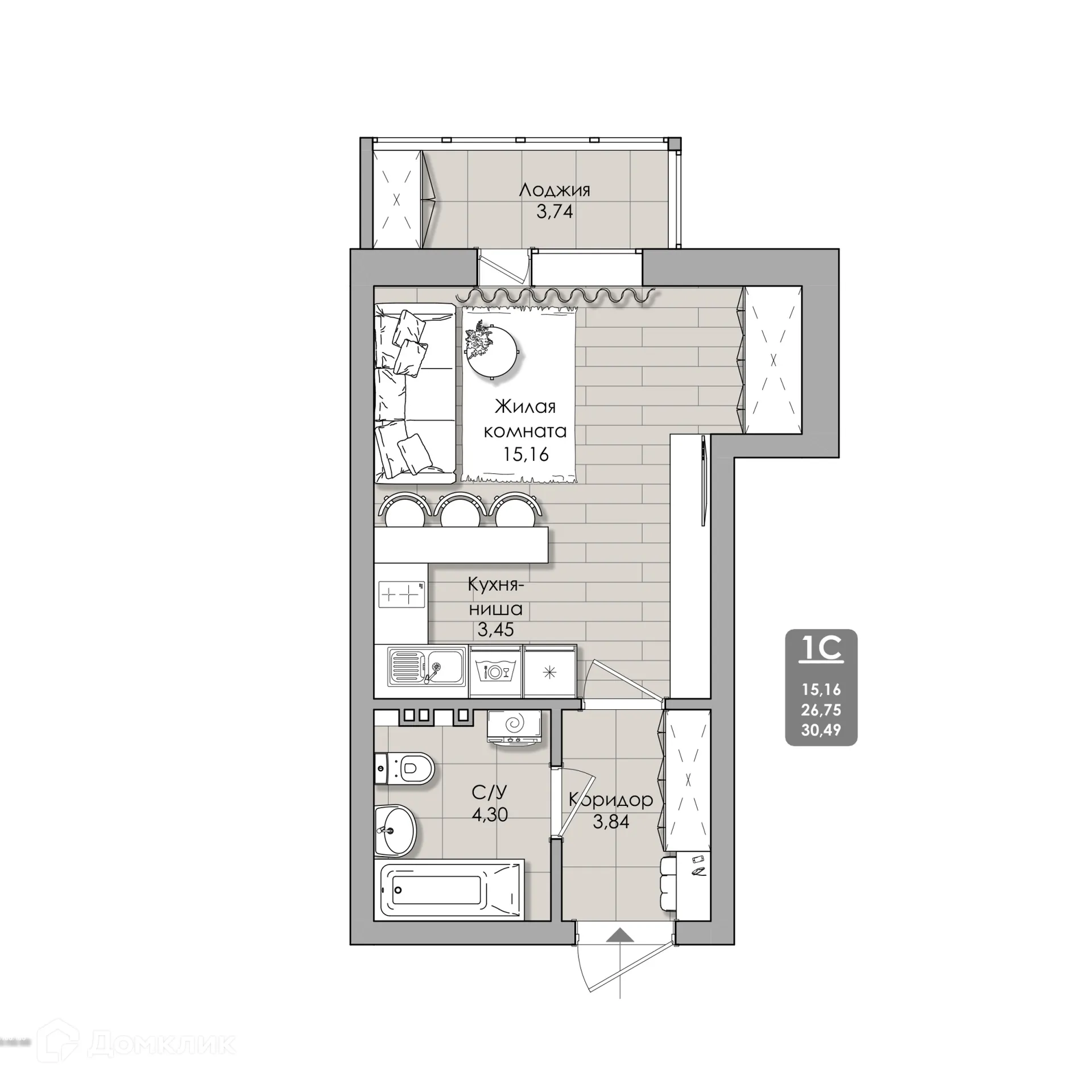 Планировка 1-комнатной квартиры 30.49 м² в NOVA-апарт, г. Новосибирск — фото 2