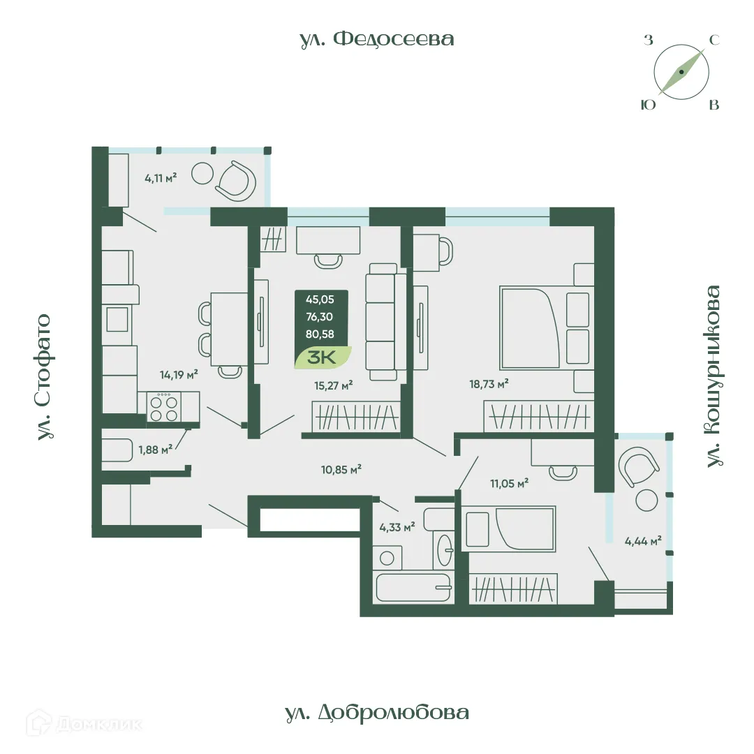 Планировка 3-комнатной квартиры 80.58 м² в ЖК Жилой дом Мичурин, г. Новосибирск — фото 1