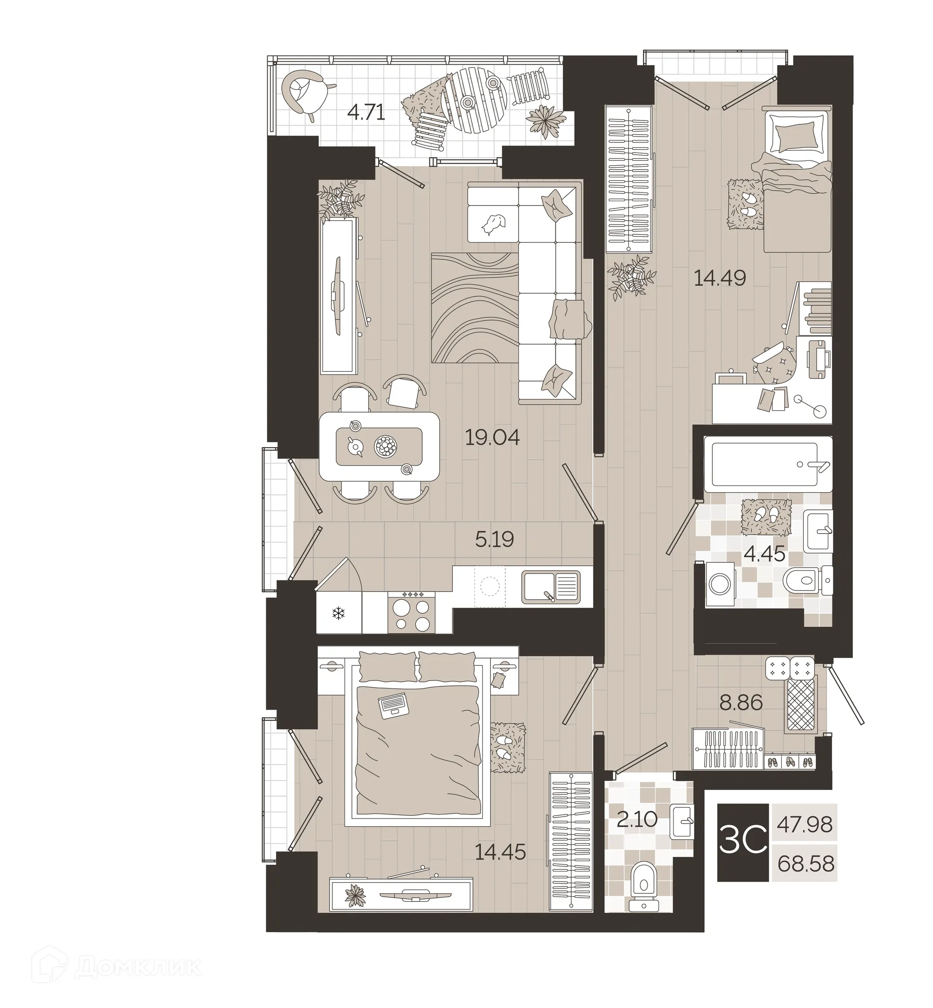 Планировка 3-комнатной квартиры 68.58 м² в ЖК Авторский квартал, г. Новосибирск — фото 1