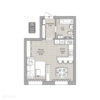 Планировка 1-комнатной квартиры 36.45 м² в NOVA-апарт, г. Новосибирск — фото 1