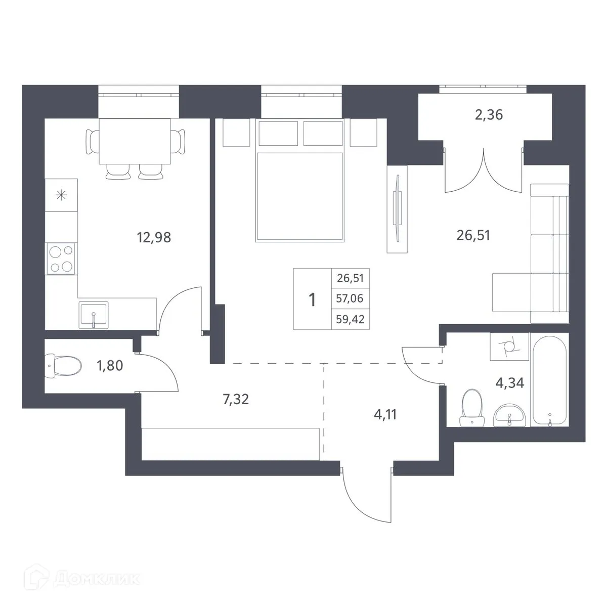 Планировка студии квартиры 57.06 м² в ЖК Основатели, г. Новосибирск — фото 1