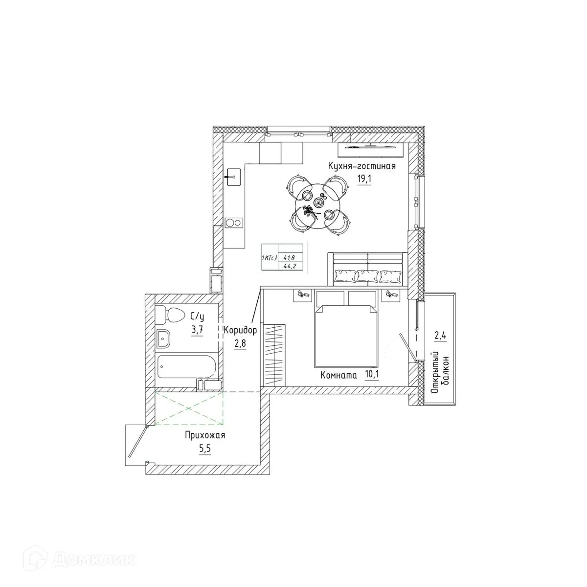 Планировка студии квартиры 44.1 м² в ЖК Тихий, г. Новосибирск — фото 1