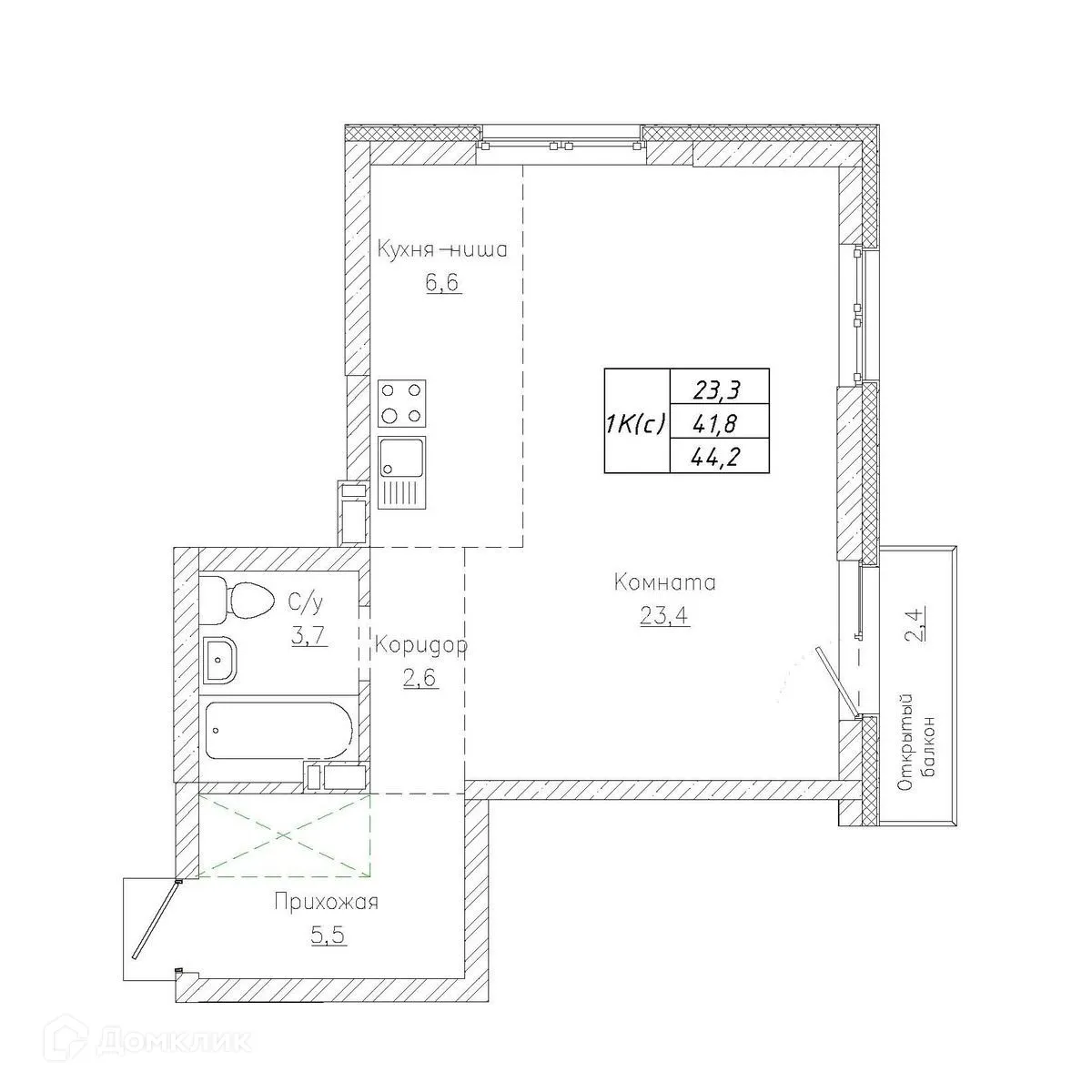 Планировка студии квартиры 44.1 м² в ЖК Тихий, г. Новосибирск — фото 2