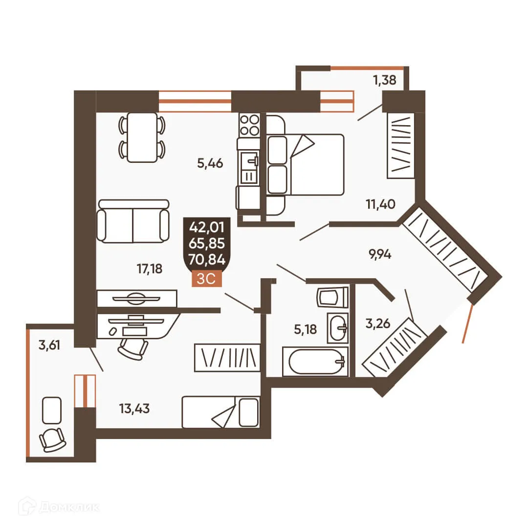 Планировка 3-комнатной квартиры 70.84 м² в ЖК ЕРМАК, г. Новосибирск — фото 1