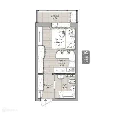 Планировка 1-комнатной квартиры 28.74 м² в NOVA-апарт, г. Новосибирск — фото 1