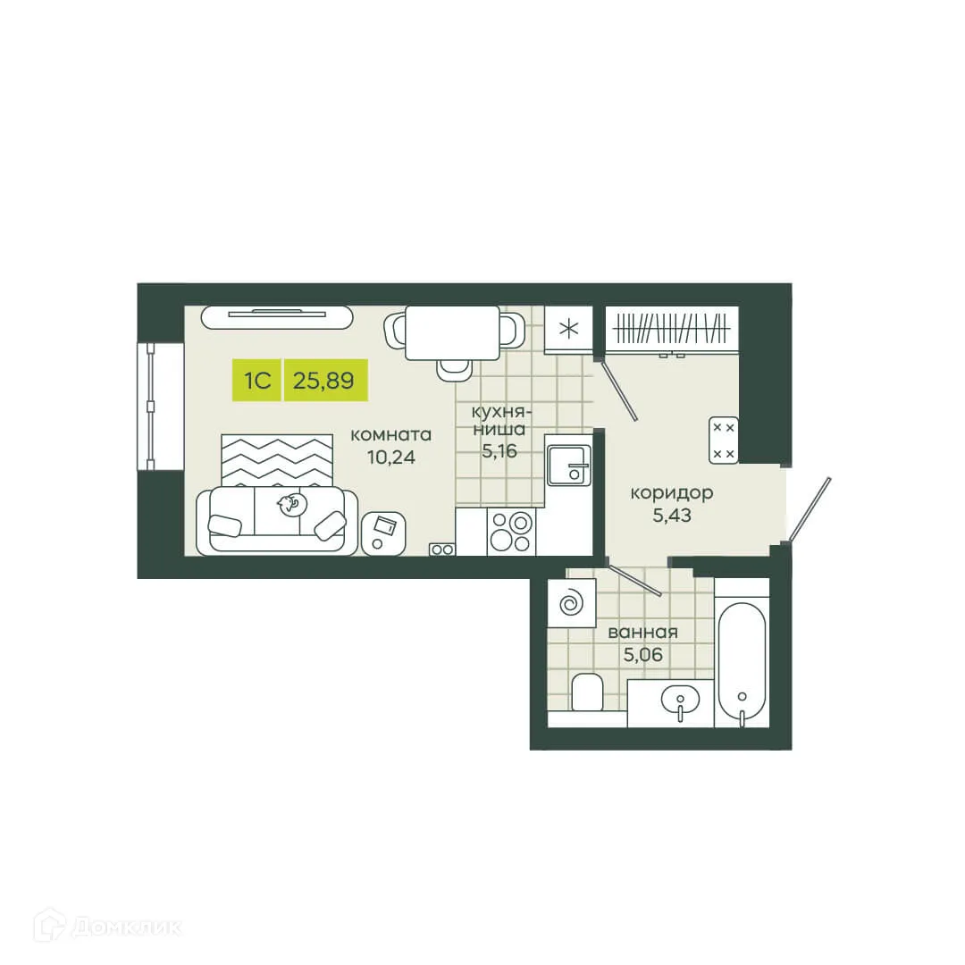 Планировка студии квартиры 25.89 м² в ЖК Белкин, г. Новосибирск — фото 1