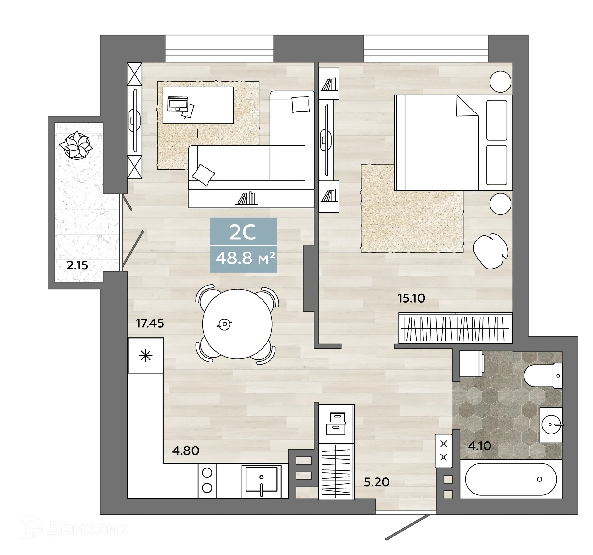 Планировка 2-комнатной квартиры 48.5 м² в ЖК На Королева, г. Новосибирск — фото 1