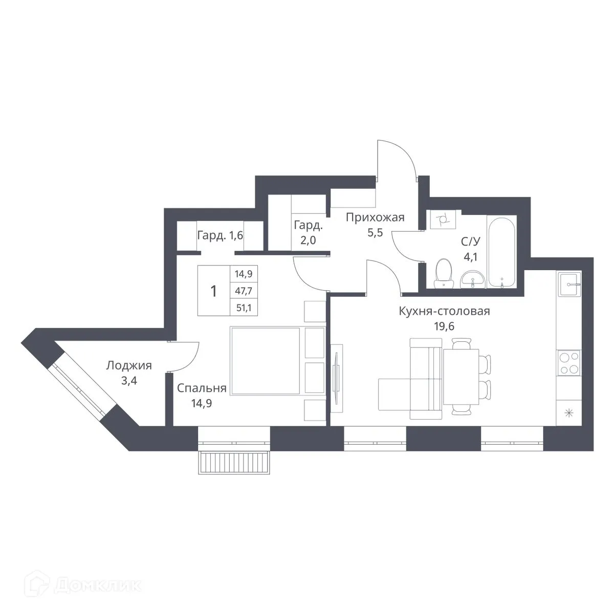 Планировка 1-комнатной квартиры 47.7 м² в ЖК Основатели, г. Новосибирск — фото 1