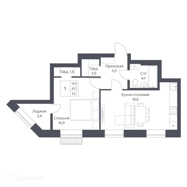 Планировка 1 комн. в ЖК Основатели