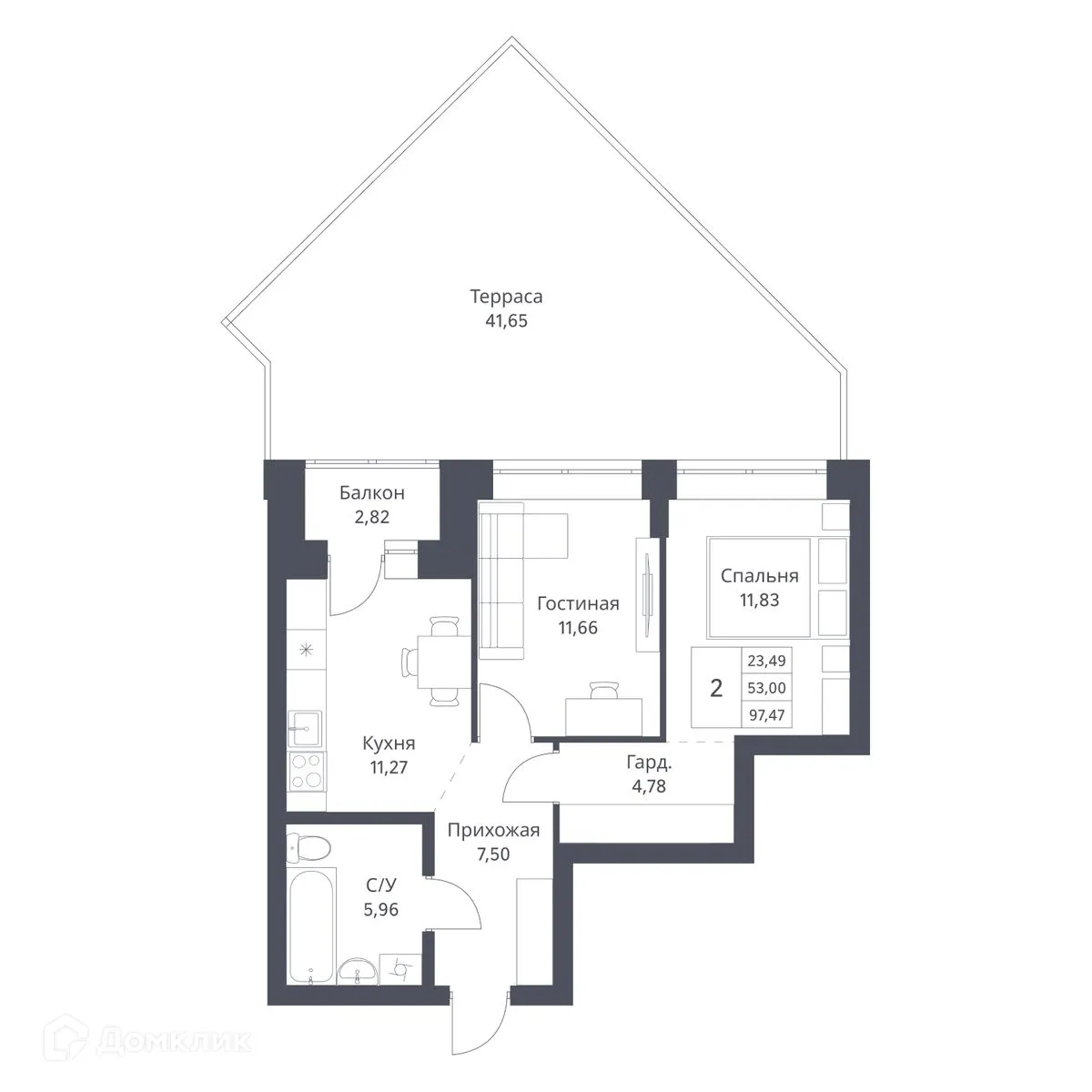 Планировка 2-комнатной квартиры 53 м² в ЖК Фора, г. Новосибирск — фото 1