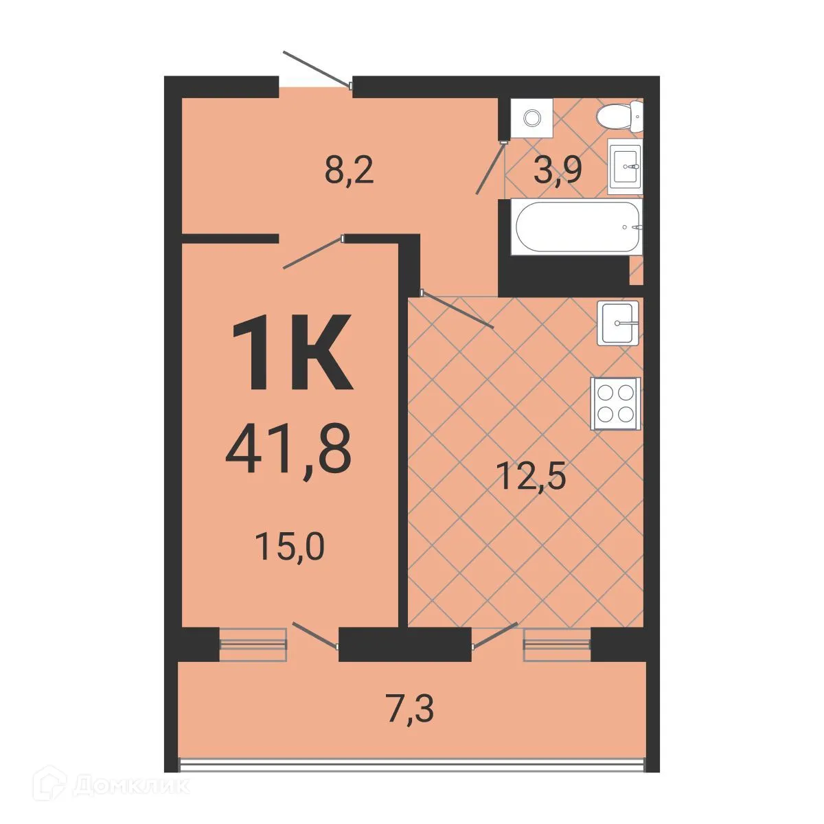 Планировка 1-комнатной квартиры 41.4 м² в ЖК Тетрис, г. Новосибирск — фото 1