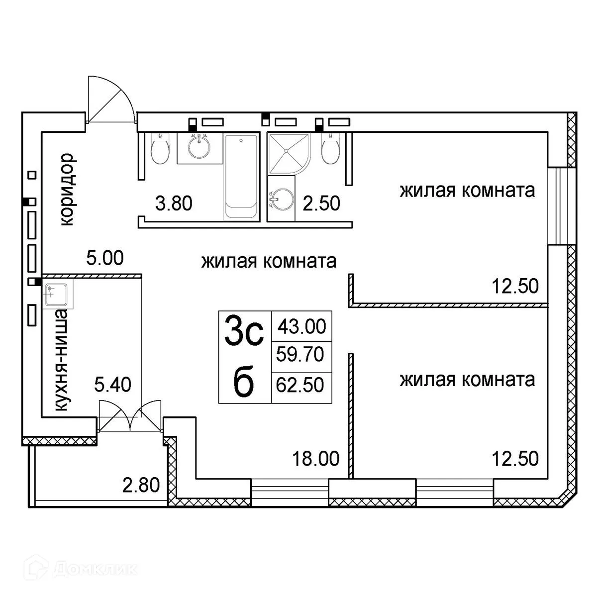 Планировка 3-комнатной квартиры 62.5 м² в ЖК Променад, г. Новосибирск — фото 1