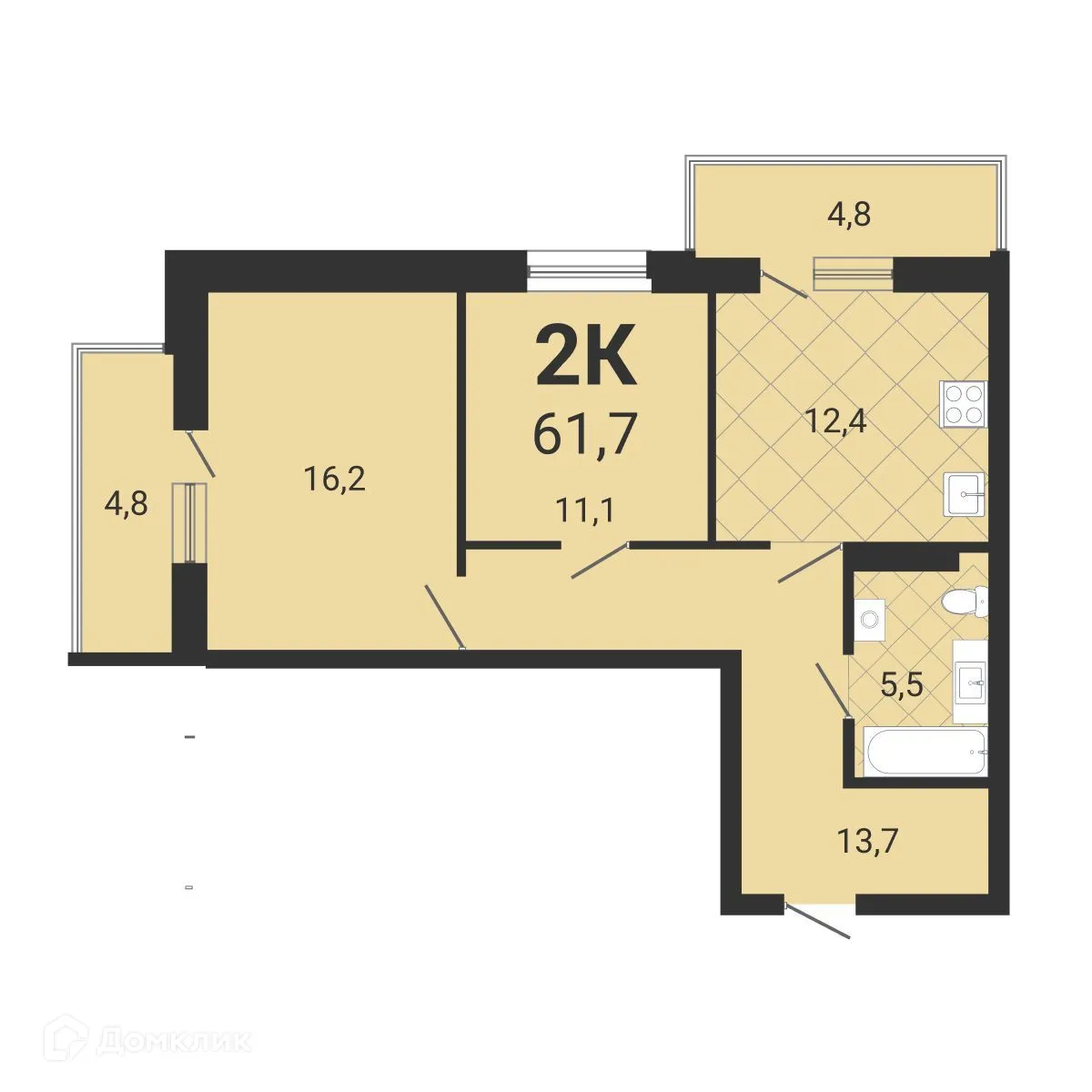 Планировка 2-комнатной квартиры 62 м² в ЖК Тетрис, г. Новосибирск — фото 2