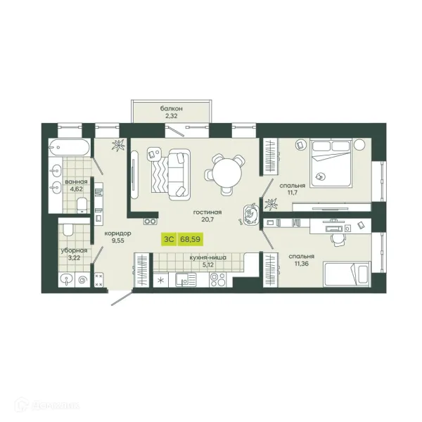 Планировка 3 комн. в ЖК Белкин