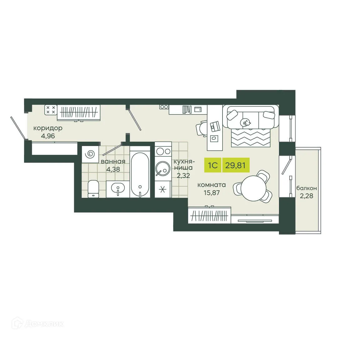 Планировка студии квартиры 29.81 м² в ЖК Белкин, г. Новосибирск — фото 1