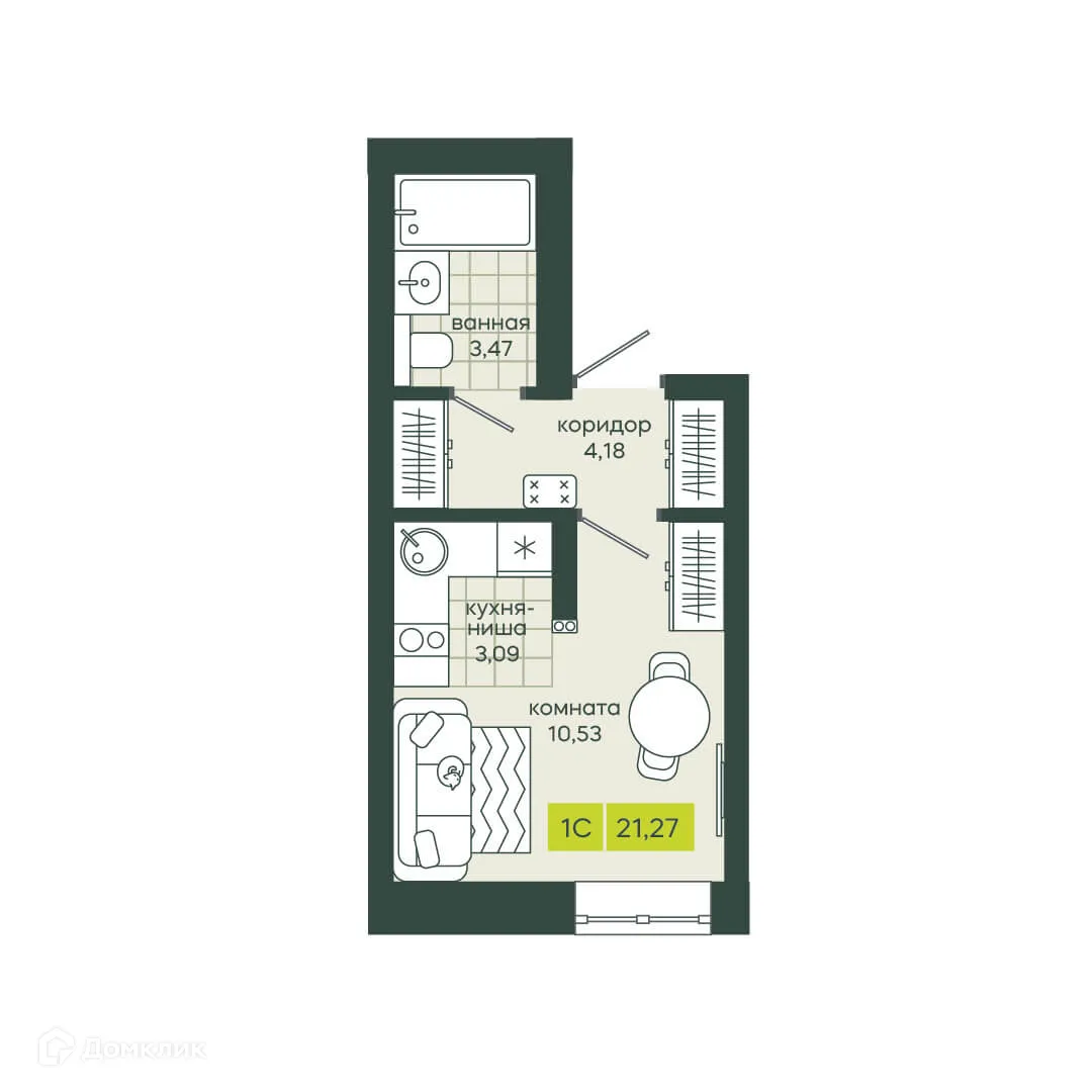 Планировка студии квартиры 21.27 м² в ЖК Белкин, г. Новосибирск — фото 1