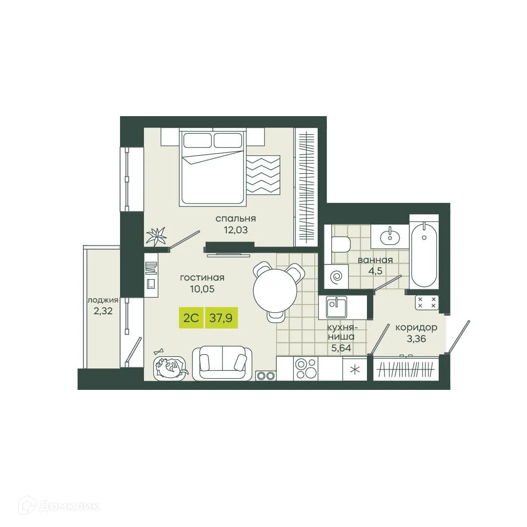 Планировка 2-комнатной квартиры 37.9 м² в ЖК Белкин, г. Новосибирск — фото 1