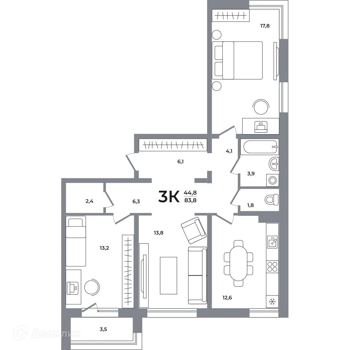 Планировка 3-комнатной квартиры 83 м² в ЖК Сергиев Пассаж на Беловежской, г. Новосибирск — фото 1
