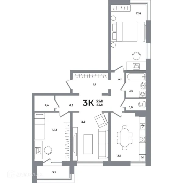 Планировка 3 комн. в ЖК Сергиев Пассаж на Беловежской