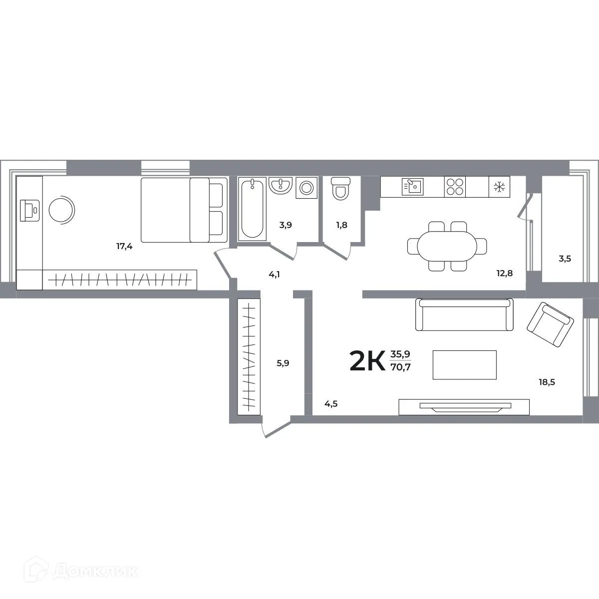 Планировка 2-комнатной квартиры 70.2 м² в ЖК Сергиев Пассаж на Беловежской, г. Новосибирск — фото 1