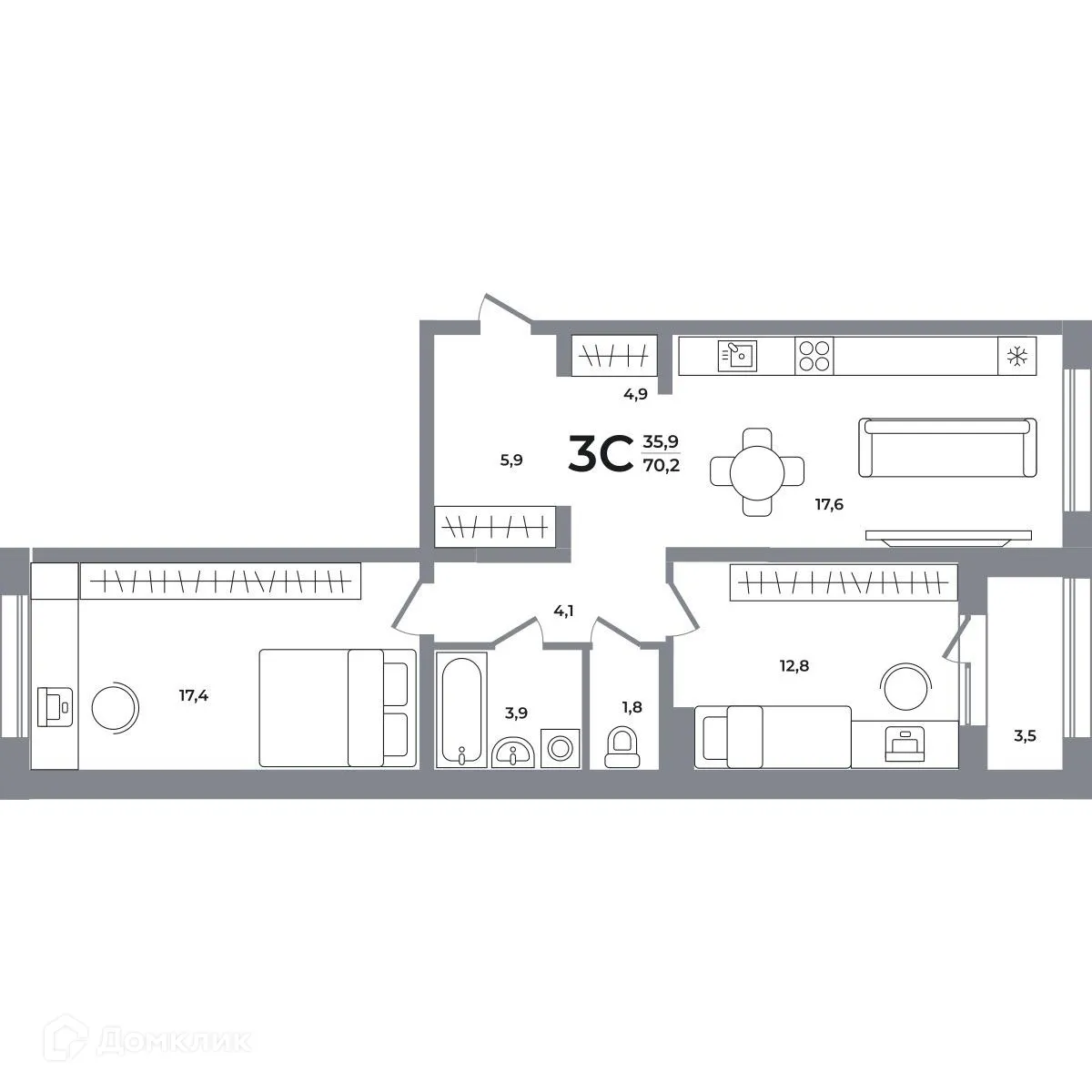 Планировка 2-комнатной квартиры 69.9 м² в ЖК Сергиев Пассаж на Беловежской, г. Новосибирск — фото 1