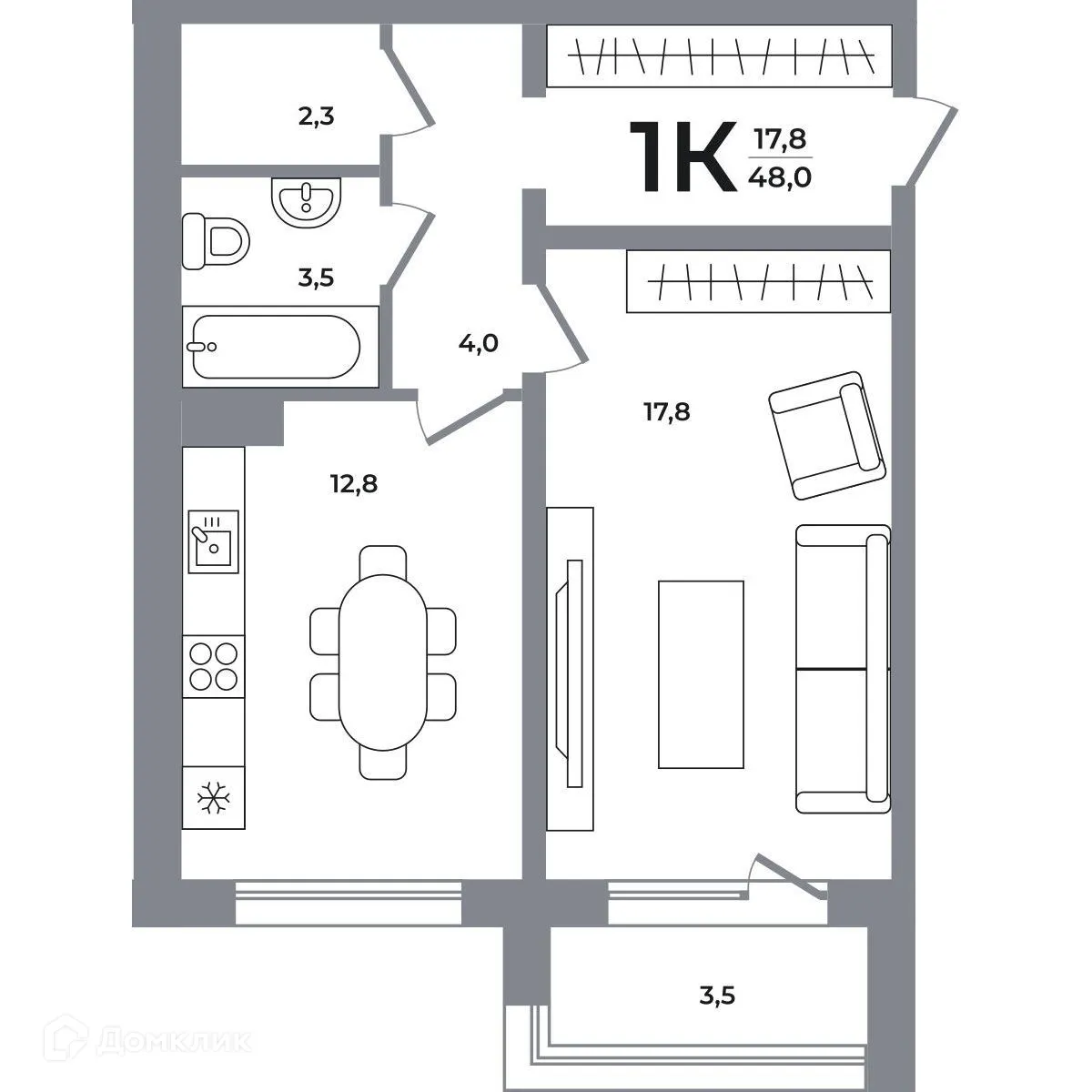 Планировка 1-комнатной квартиры 47.7 м² в ЖК Сергиев Пассаж на Беловежской, г. Новосибирск — фото 1