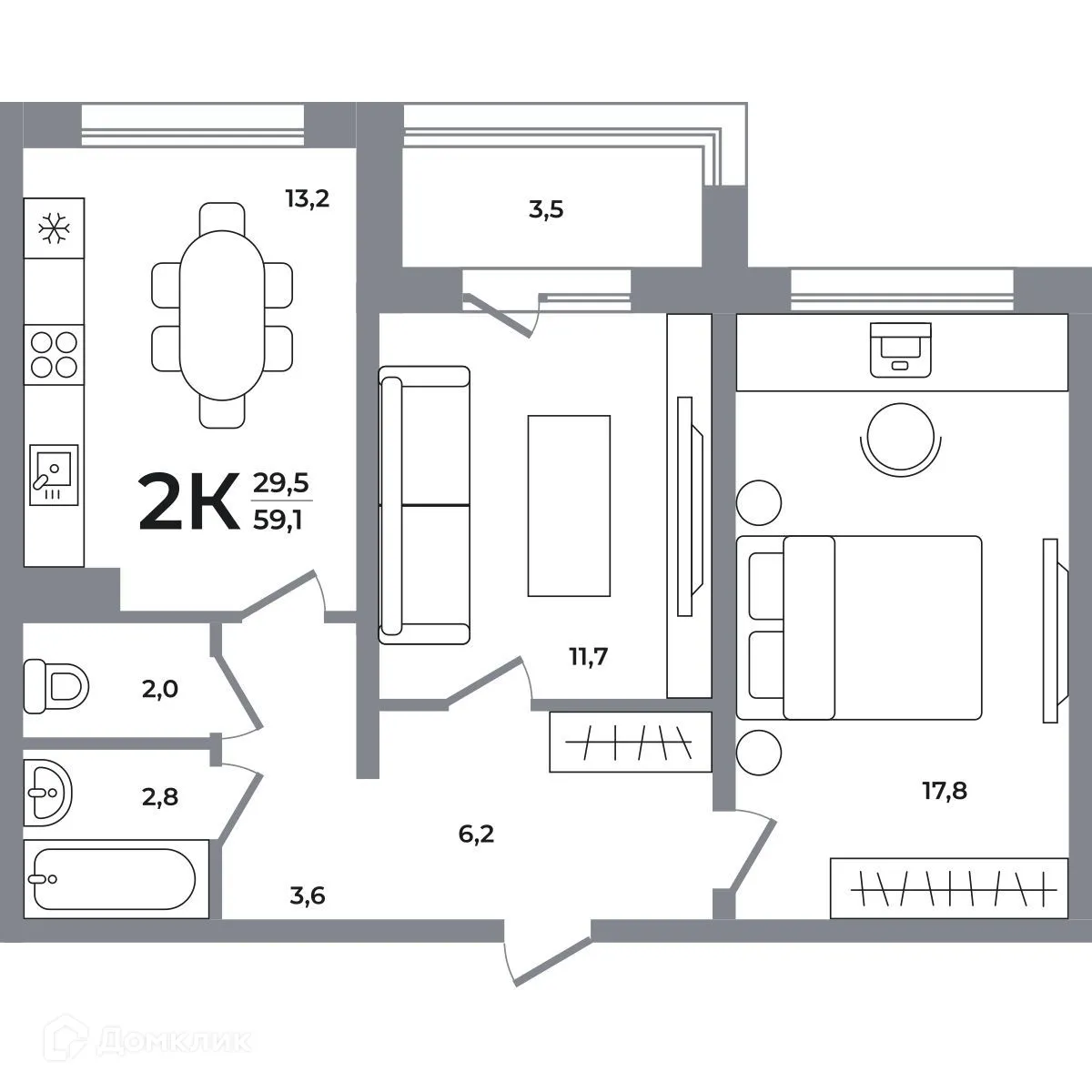 Планировка 2-комнатной квартиры 58.7 м² в ЖК Сергиев Пассаж на Беловежской, г. Новосибирск — фото 1
