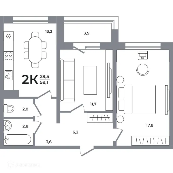 Планировка 2 комн. в ЖК Сергиев Пассаж на Беловежской