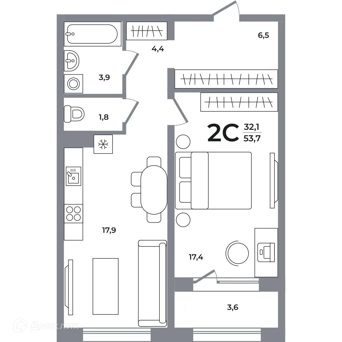 Планировка 2-комнатной квартиры 53.5 м² в ЖК Сергиев Пассаж на Беловежской, г. Новосибирск — фото 1