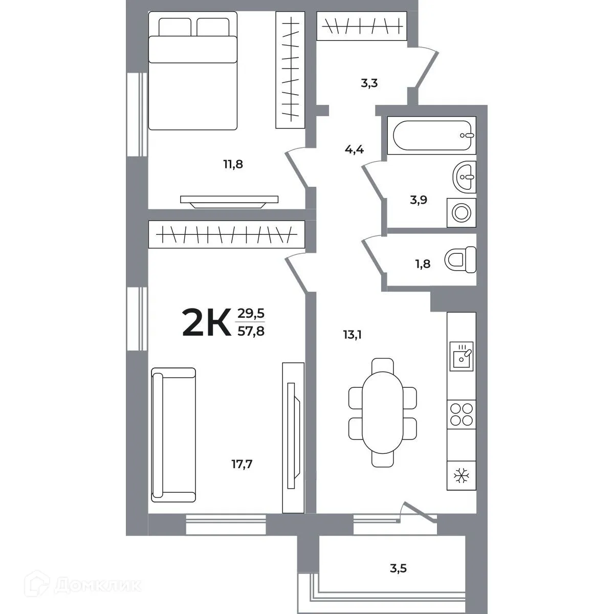 Планировка 2-комнатной квартиры 57.5 м² в ЖК Сергиев Пассаж на Беловежской, г. Новосибирск — фото 1