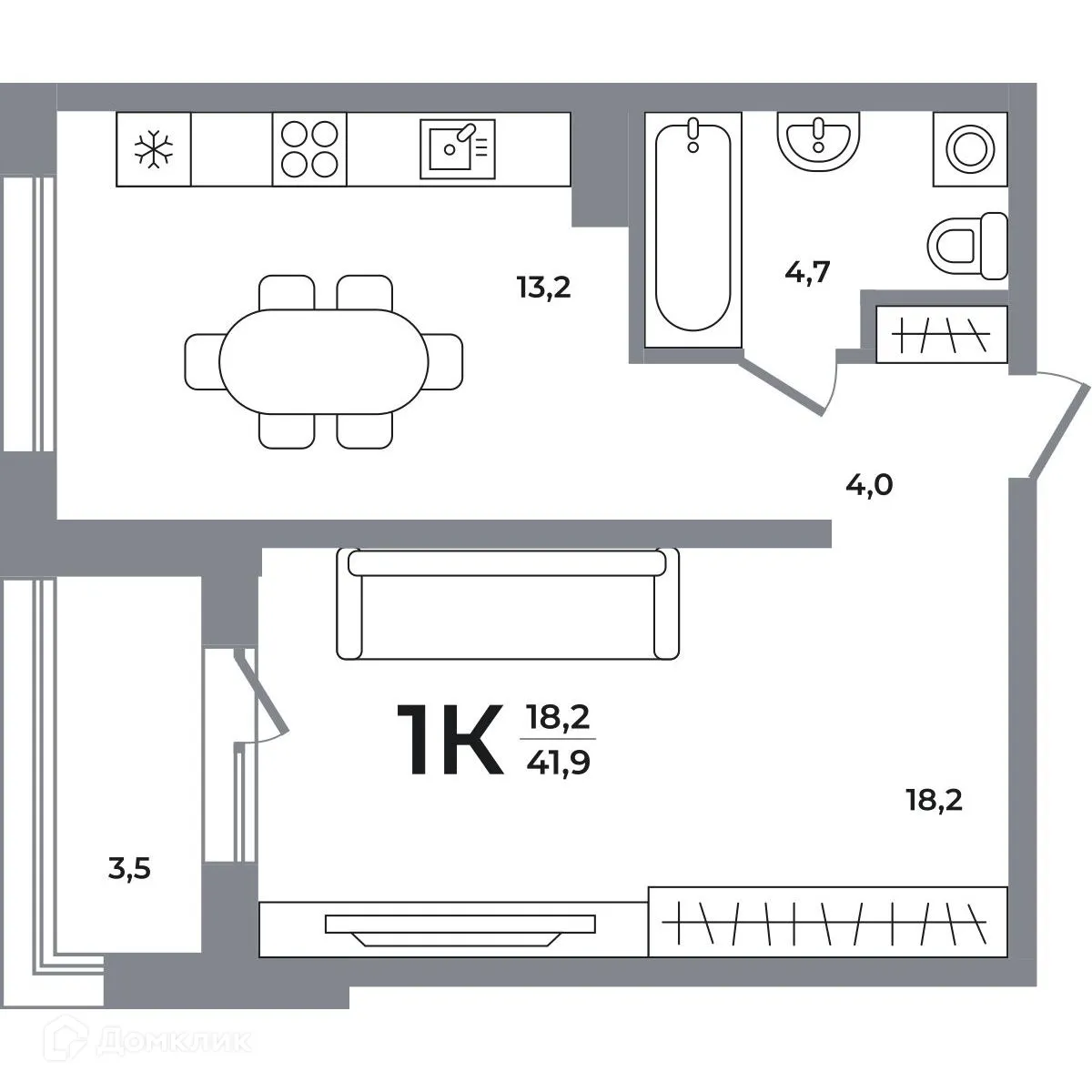 Планировка 1-комнатной квартиры 41.4 м² в ЖК Сергиев Пассаж на Беловежской, г. Новосибирск — фото 1