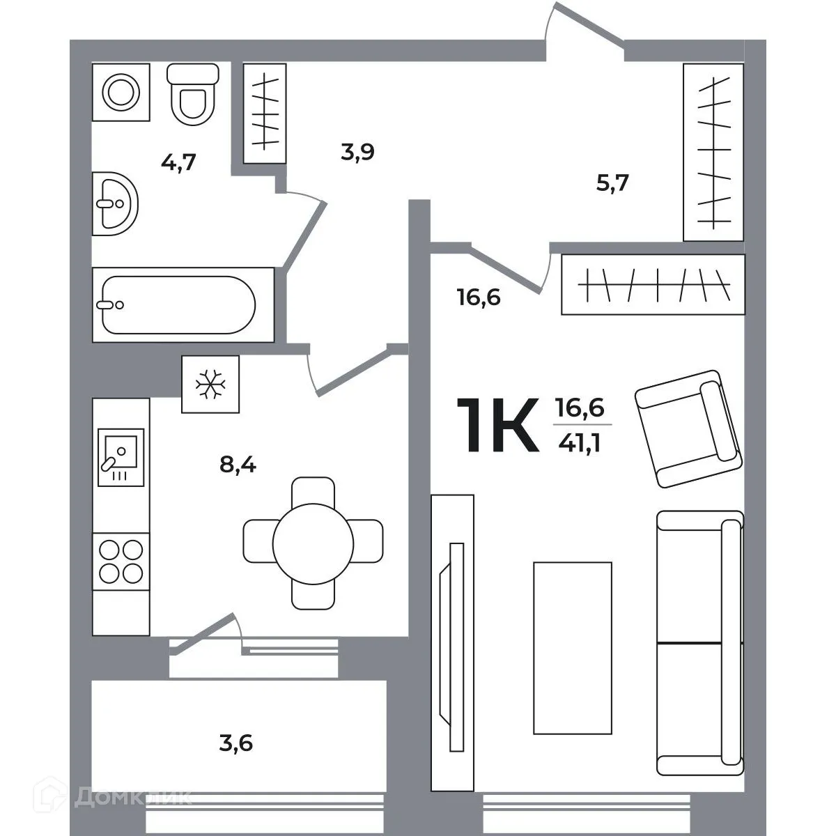 Планировка 1-комнатной квартиры 41.1 м² в ЖК Сергиев Пассаж на Беловежской, г. Новосибирск — фото 1