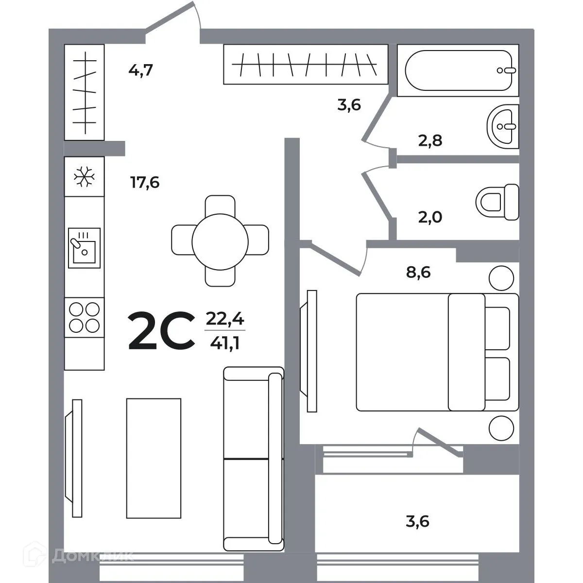Планировка 2-комнатной квартиры 40.5 м² в ЖК Сергиев Пассаж на Беловежской, г. Новосибирск — фото 1