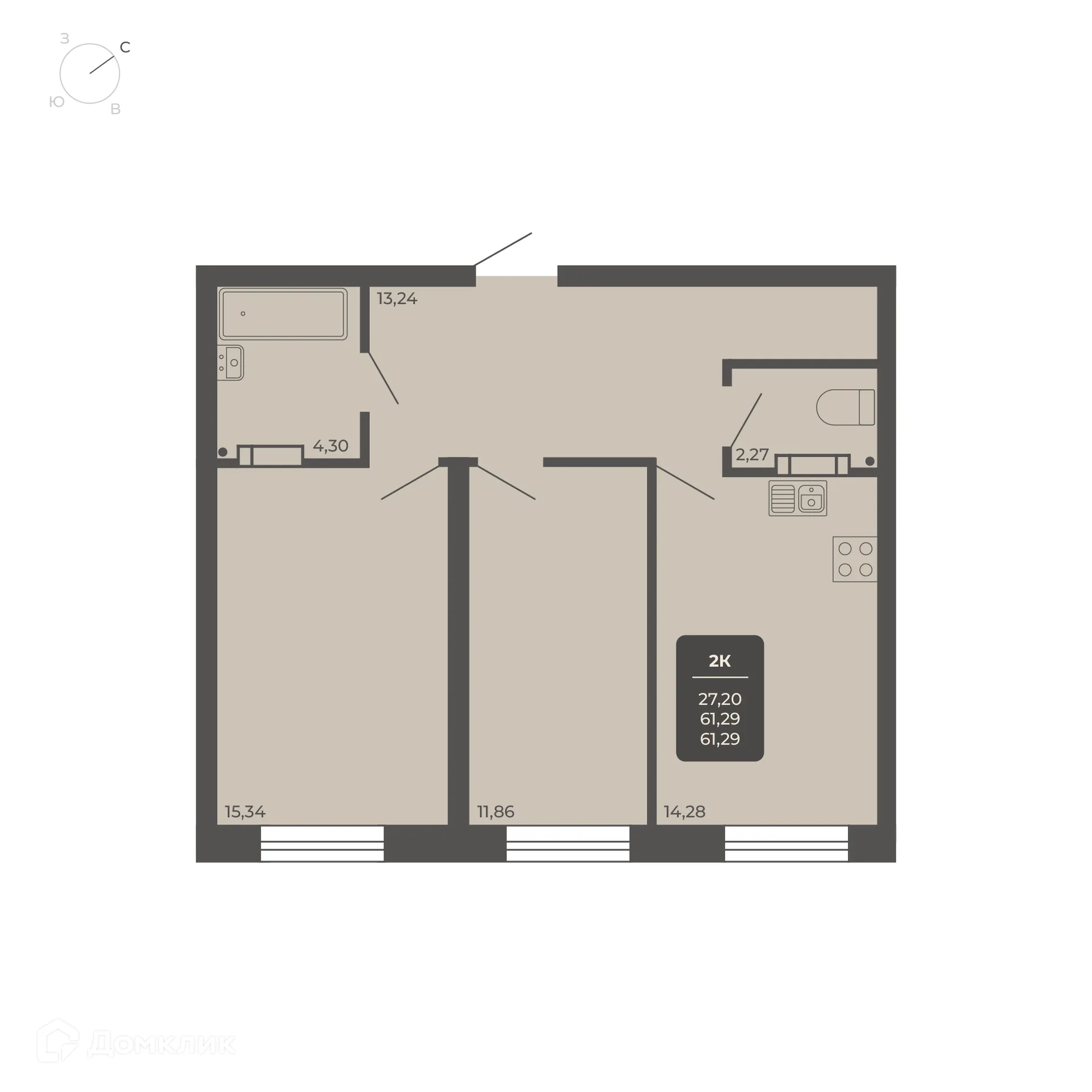 Планировка 2-комнатной квартиры 61.29 м² в NOVA-апарт, г. Новосибирск — фото 1