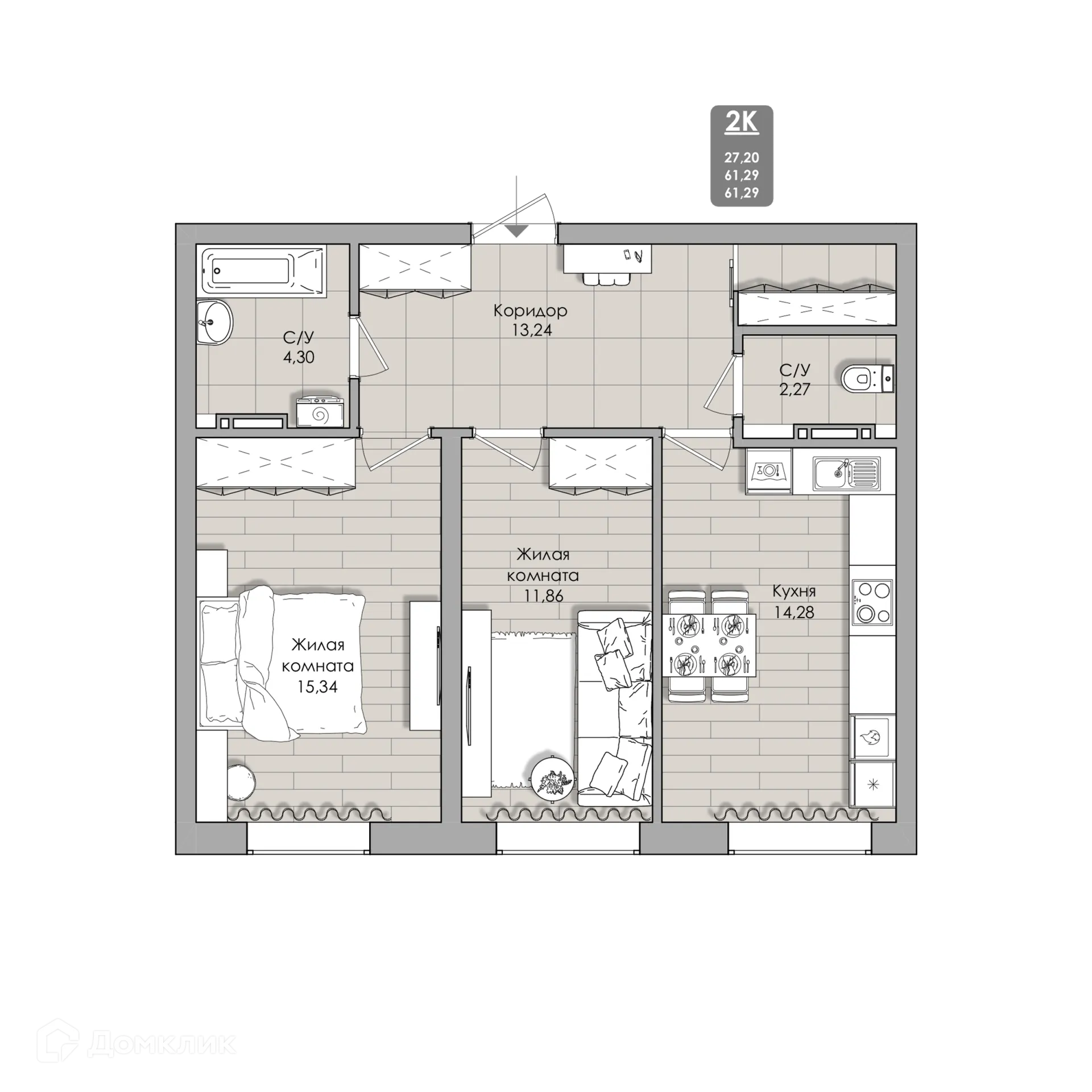 Планировка 2-комнатной квартиры 61.29 м² в NOVA-апарт, г. Новосибирск — фото 2