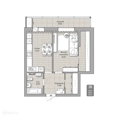 Планировка 1-комнатной квартиры 51.67 м² в NOVA-апарт, г. Новосибирск — фото 1