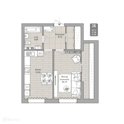 Планировка 1-комнатной квартиры 47.08 м² в NOVA-апарт, г. Новосибирск — фото 1