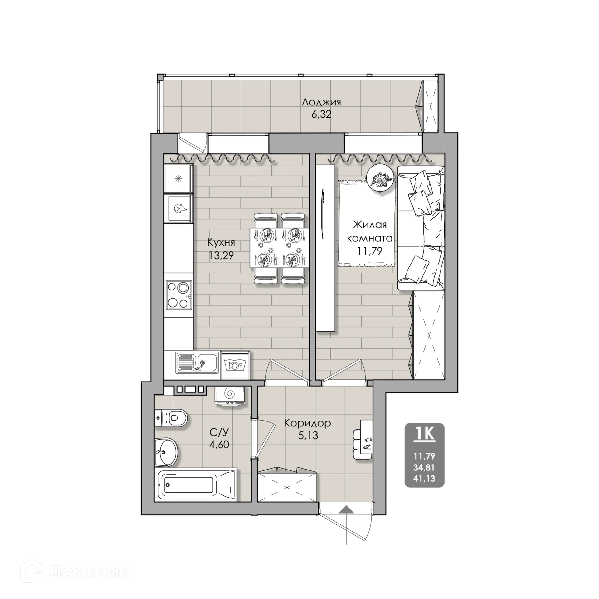Планировка 1-комнатной квартиры 41.13 м² в NOVA-апарт, г. Новосибирск — фото 2