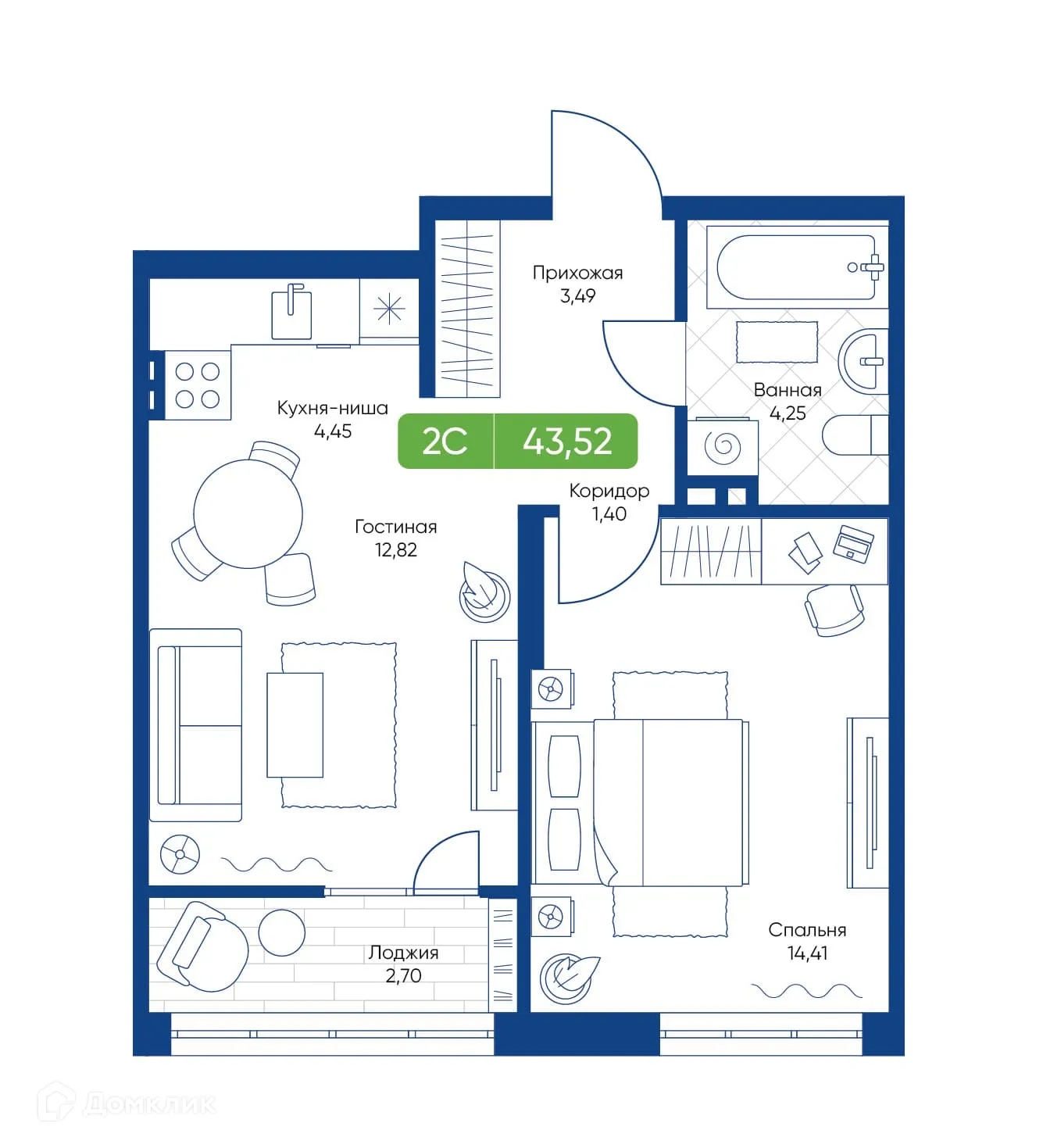 Планировка 2-комнатной квартиры 43.52 м² в ЖК Биография, г. Новосибирск — фото 1