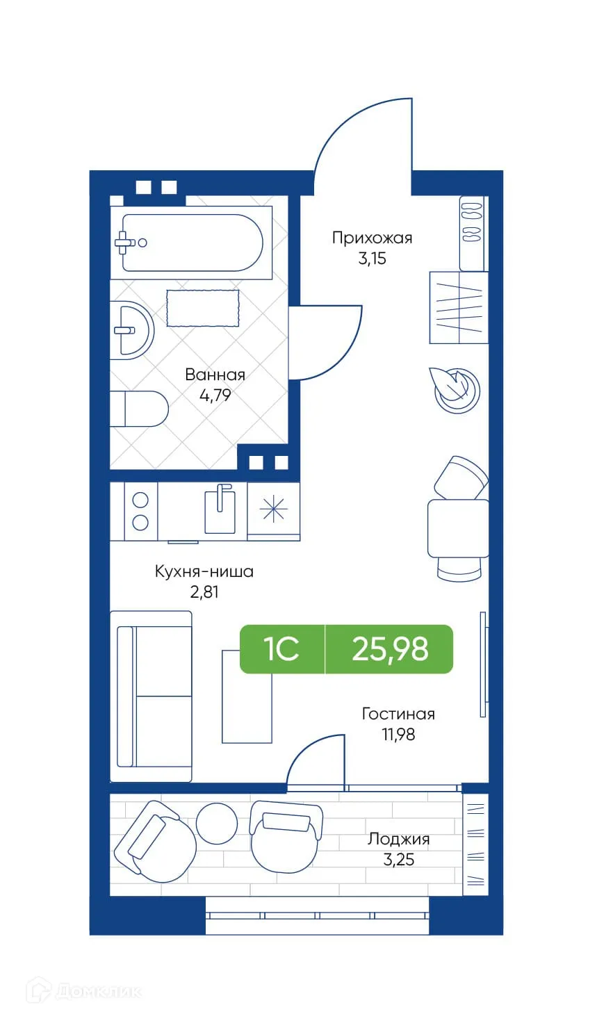 Планировка студии квартиры 25.98 м² в ЖК Биография, г. Новосибирск — фото 1