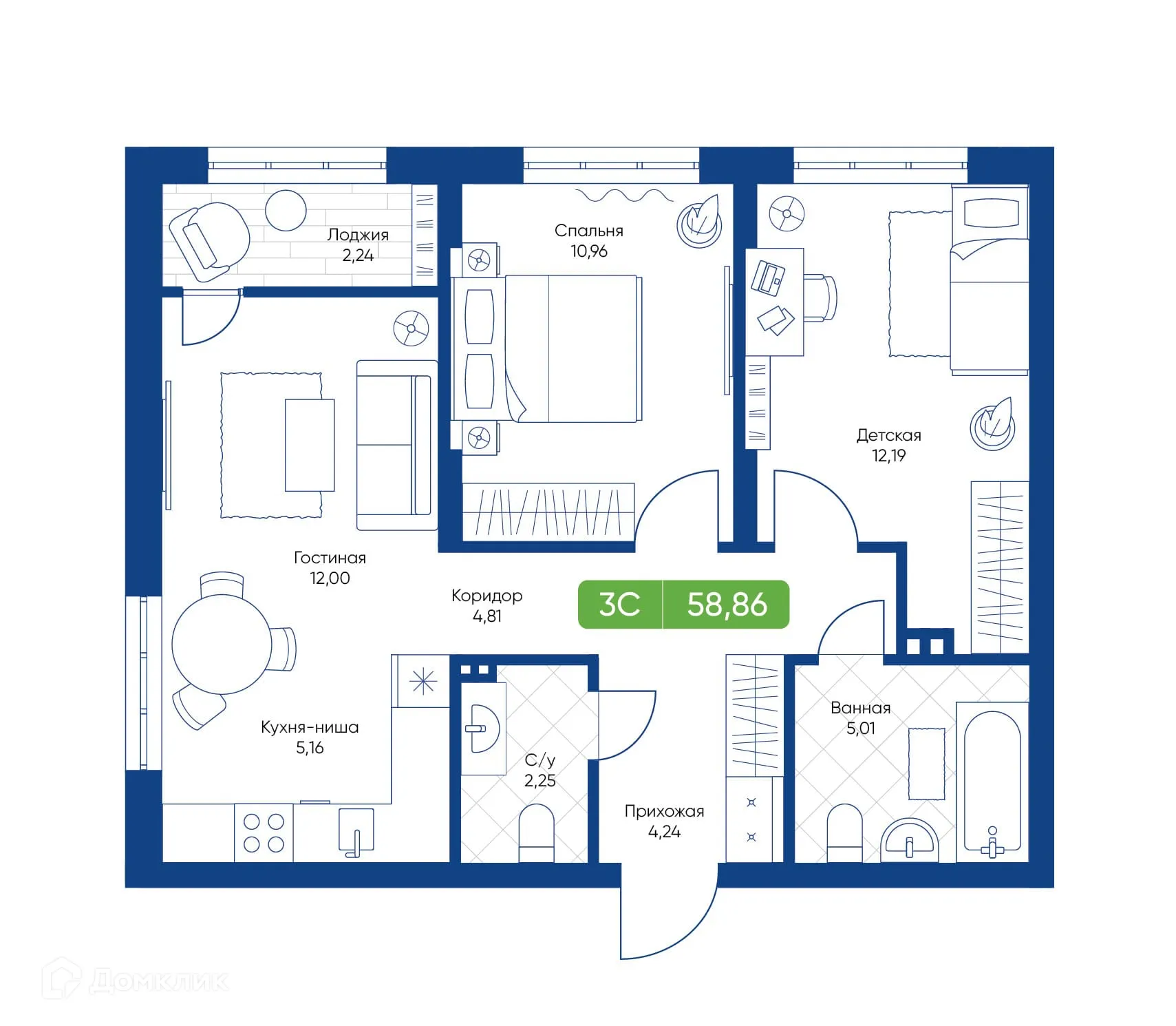 Планировка 3-комнатной квартиры 58.86 м² в ЖК Биография, г. Новосибирск — фото 1