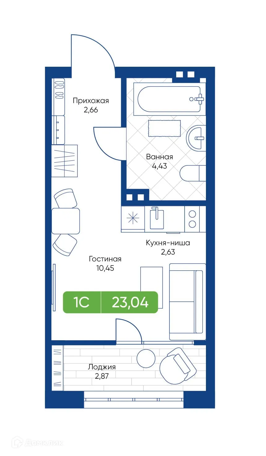 Планировка студии квартиры 23.04 м² в ЖК Биография, г. Новосибирск — фото 1