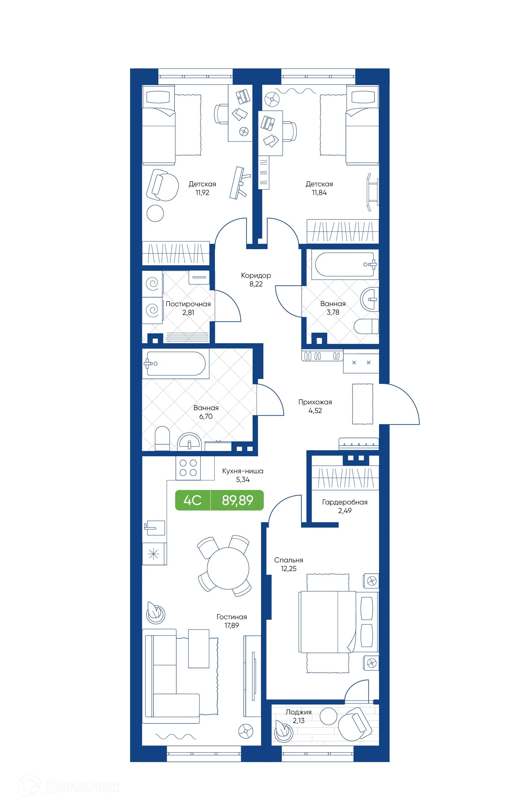 Планировка 4-комнатной квартиры 89.89 м² в ЖК Биография, г. Новосибирск — фото 1