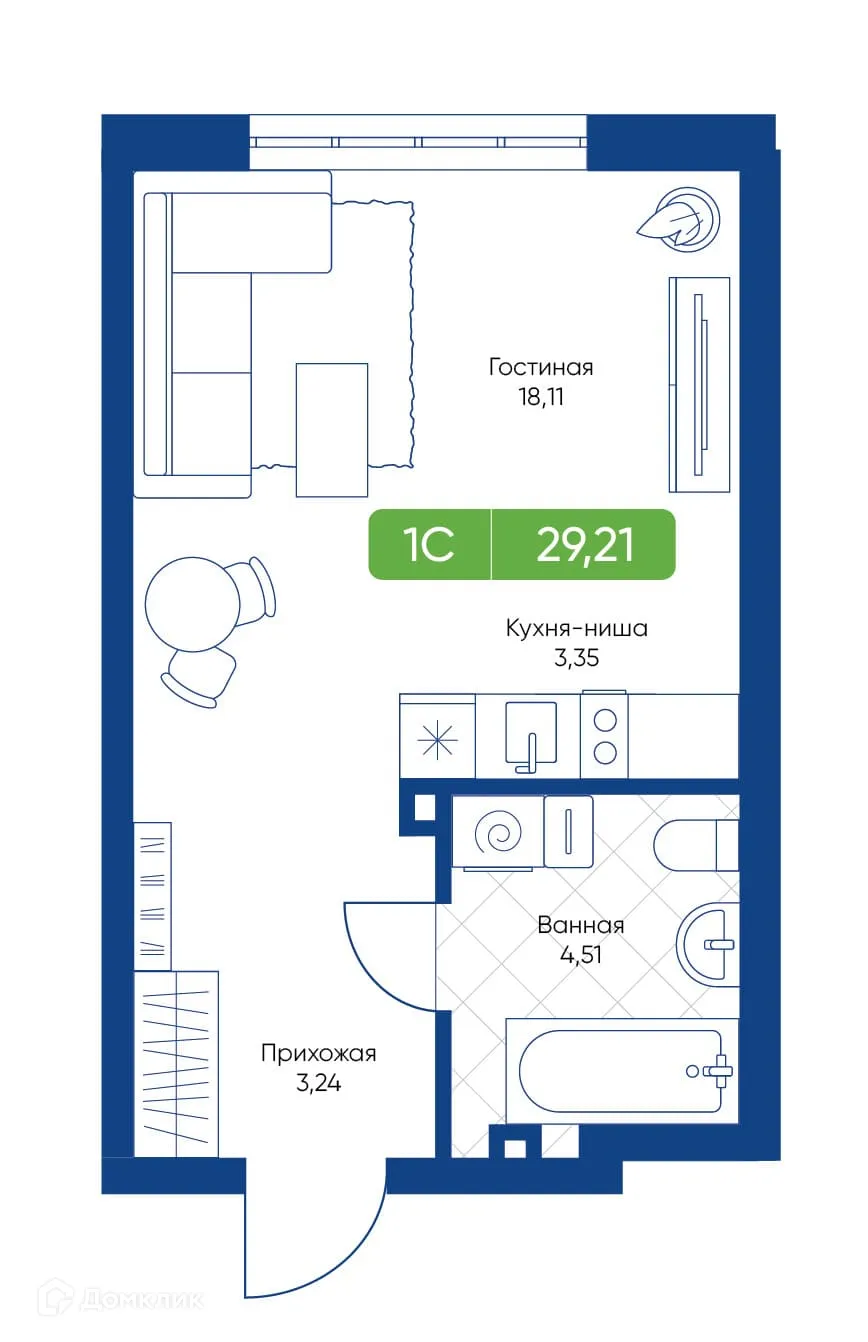 Планировка студии квартиры 29.21 м² в ЖК Биография, г. Новосибирск — фото 1