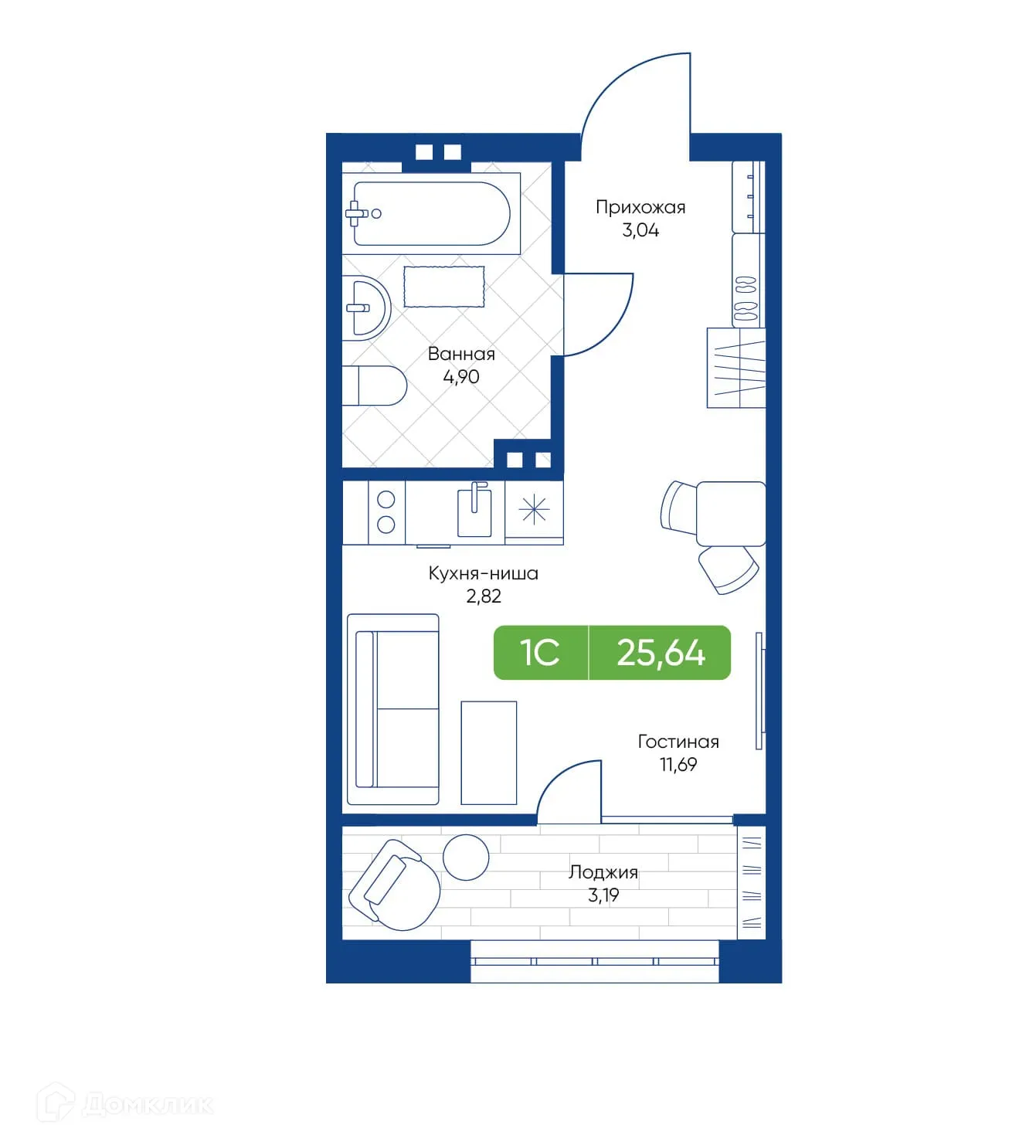 Планировка студии квартиры 25.64 м² в ЖК Биография, г. Новосибирск — фото 1