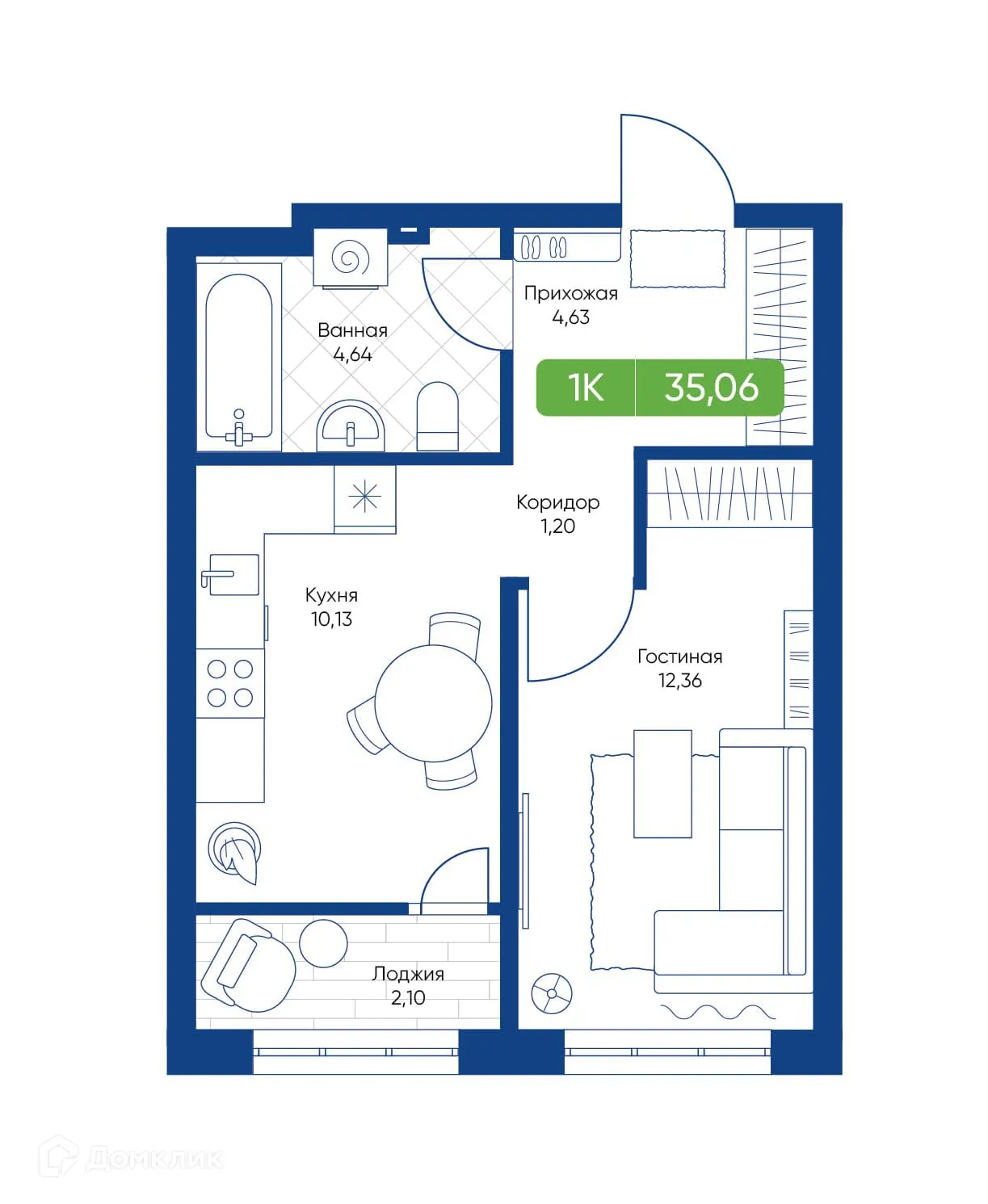 Планировка 1-комнатной квартиры 35.06 м² в ЖК Биография, г. Новосибирск — фото 1