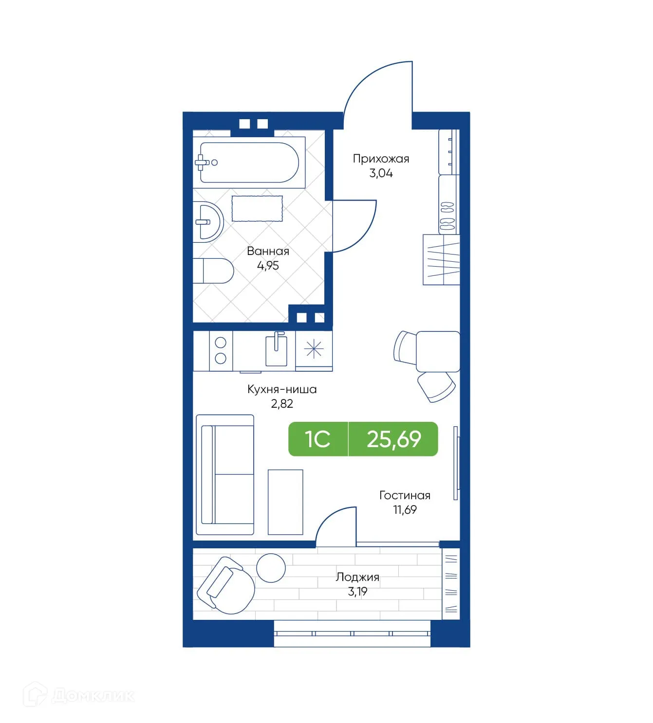Планировка студии квартиры 25.69 м² в ЖК Биография, г. Новосибирск — фото 1